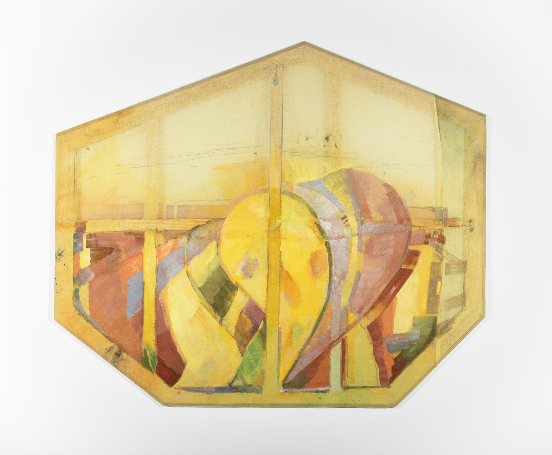  Yellow Rise, 2024. Dye, graphite, and oil on sewn linen with						beveled and bowed pine. 50 x 59 x 3.5 inches.  