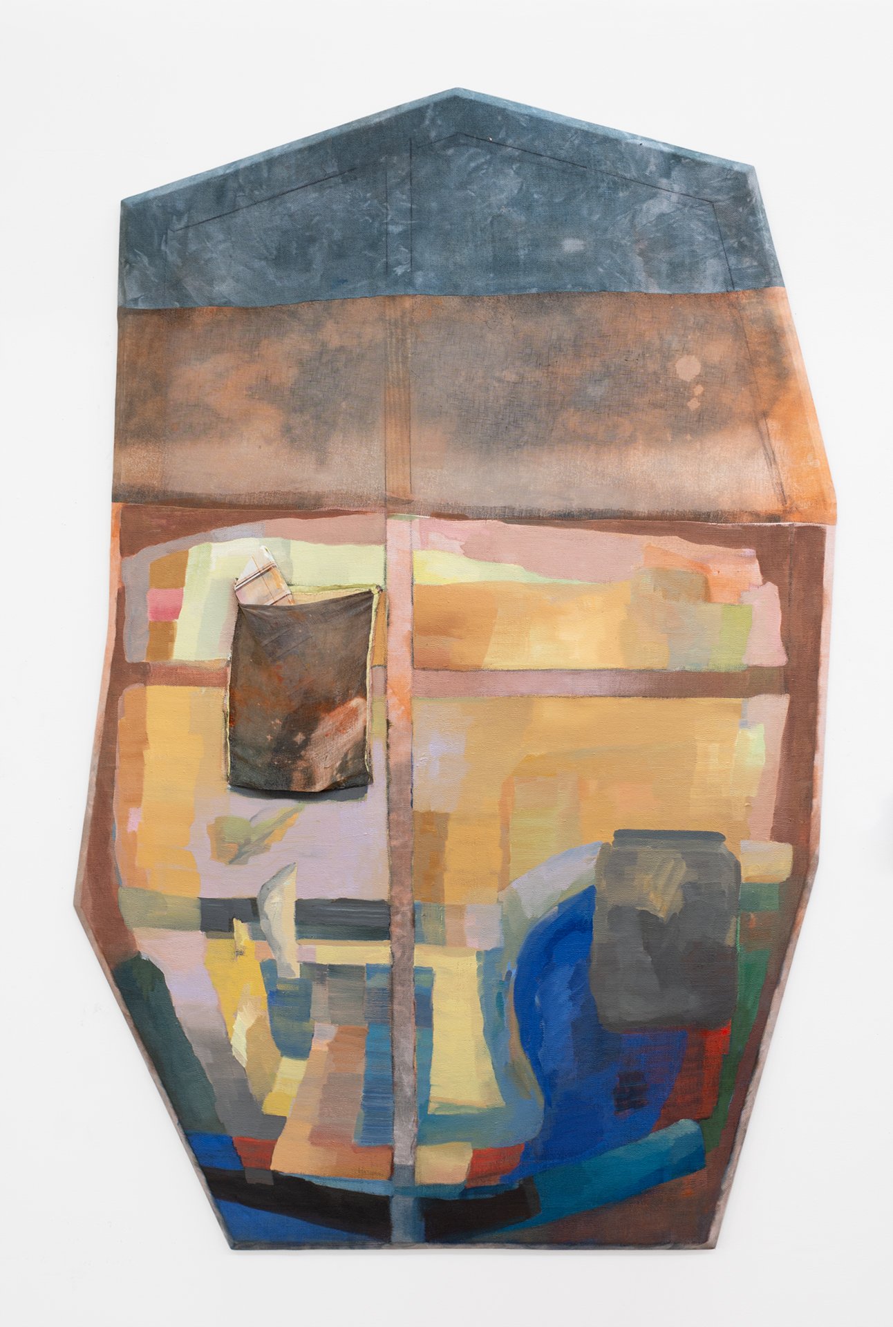  To Hold a Stone, 2024; dye, bleach, oil, and graphite on sewn linen with acrylic transfer on marble stone, 69 x 43 x 3.5 inches. The canvas bows outwards in a convex manner. 