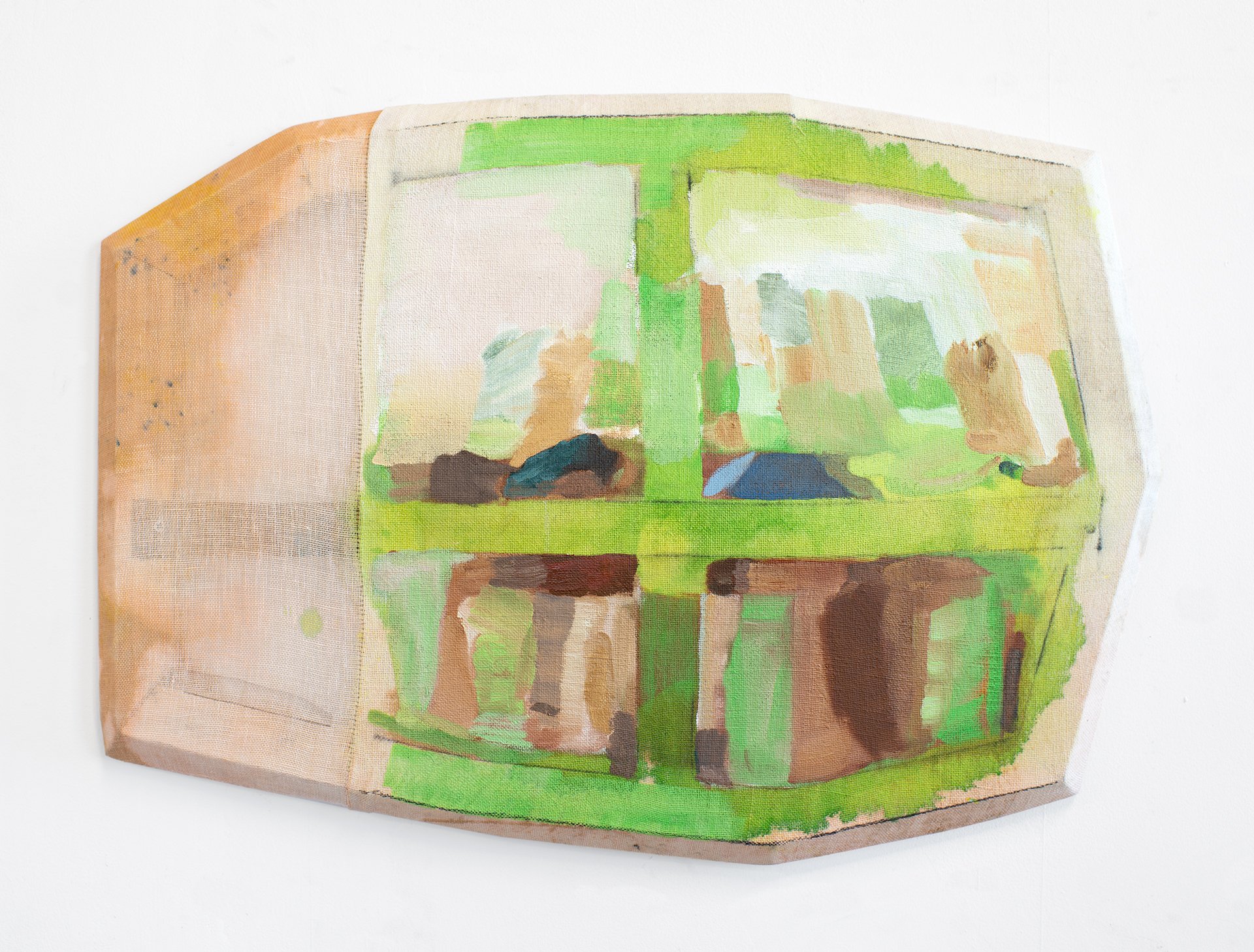  Hedge, 2024; dye, bleach, acrylic, oil, and graphite on sewn linen with beveled pine, 16.5 x 24 x 1.5 inches. 