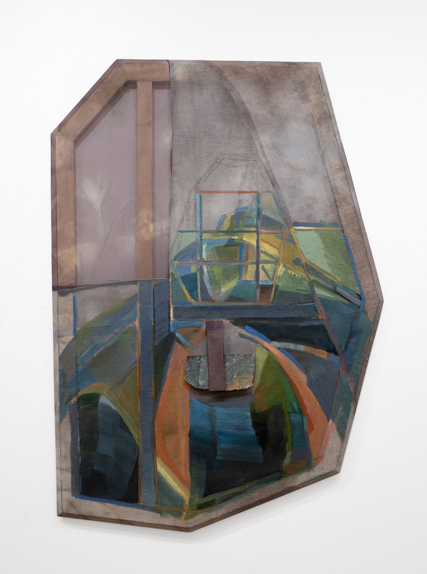 Your Heart Is Not a Stone , 2025. Dye, oil, and graphite on sewn linen and polyester with marble and beveled pine, 45.5 x 33 x 1.5 inches.
