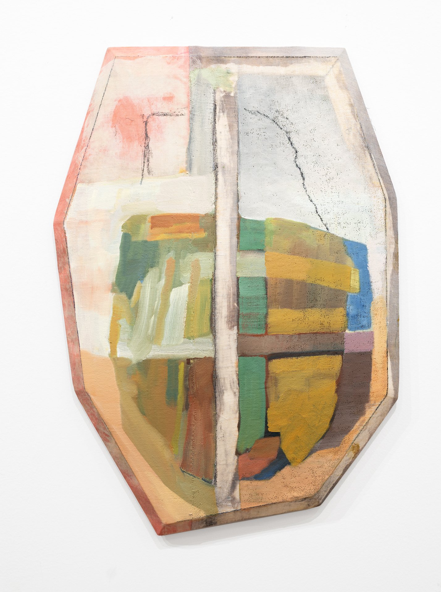 Trace Space , 2025. Dye, oil, and graphite on sewn linen with beveled and bowed pine, 22 x 15.5 x 2 inches. The canvas bows outwards in a convex manner.