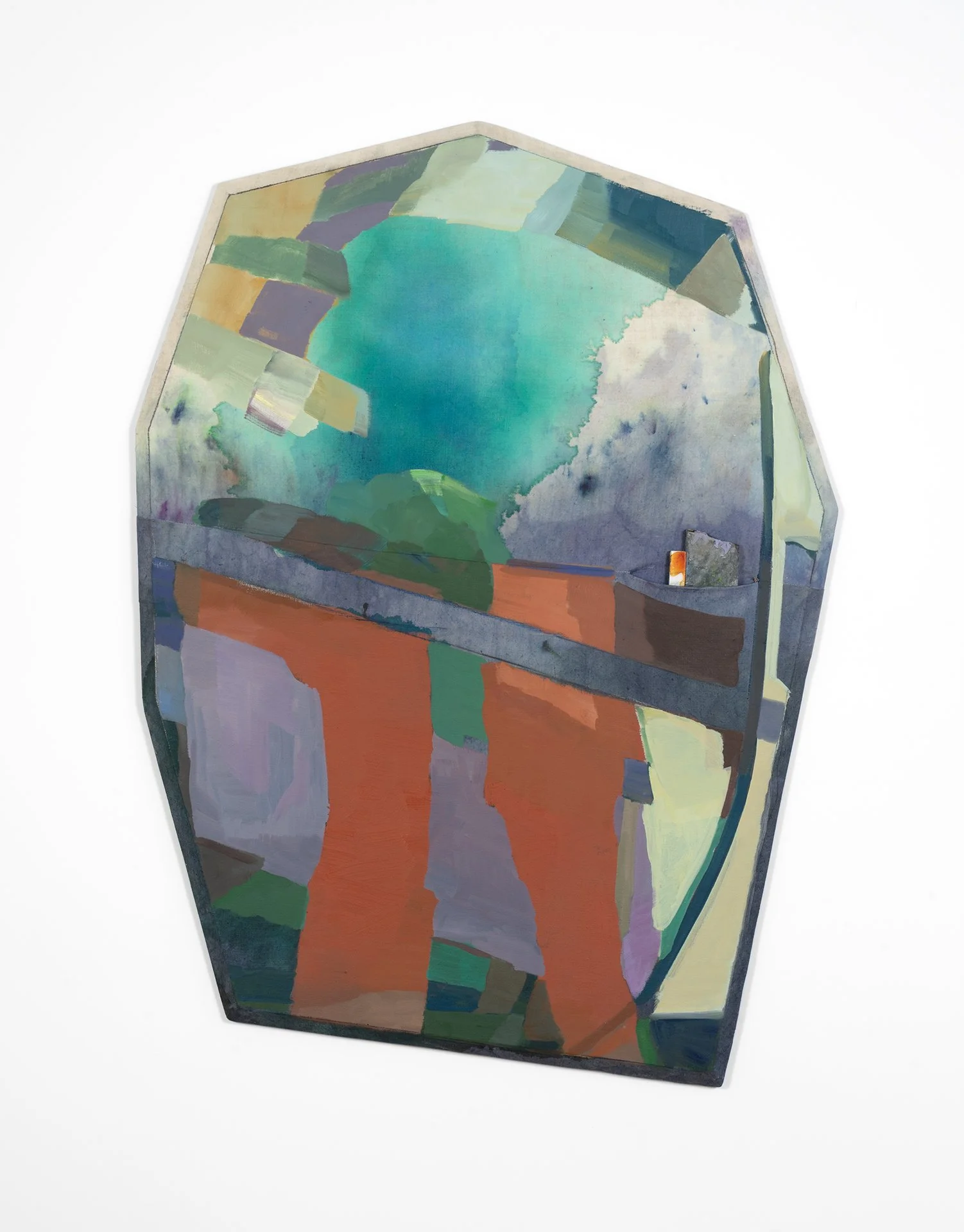 June (tailing, tide),  2025. Oil, acrylic, graphite, and dye on sewn linen with marble and bowed and beveled pine. 38 × 29 × 3 inches. This painting bows outward in a convex manner (see side view).