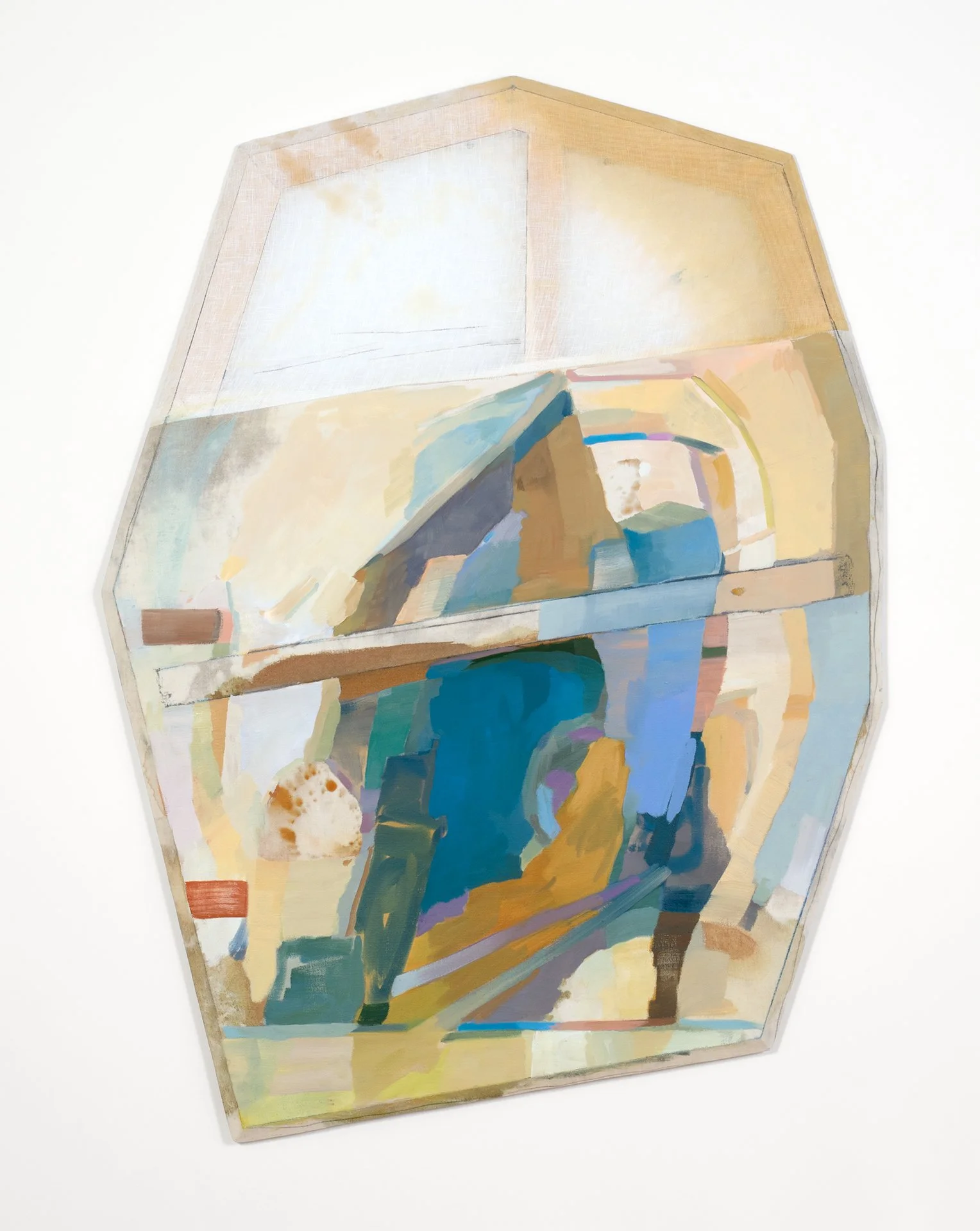 Weather Reader (II) , 2025. Oil, acrylic, graphite, and dye on sewn linen with bowed and beveled pine. 44 × 34 × 3 inches. This painting bows outward in a convex manner (see side view).
