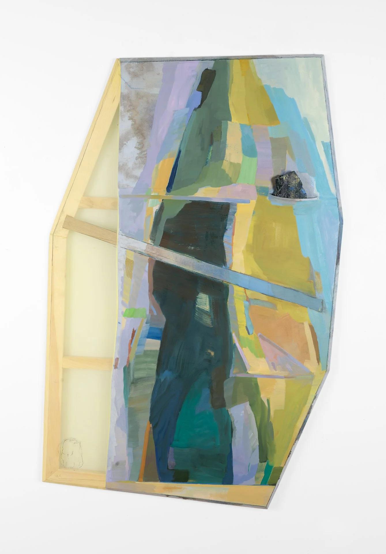   After, Against, Among,  2025 Oil, acrylic, dye, and graphite on sewn linen and polyester with marble, beveled pine, and bowed oak, 62 x 39 x 3 inches. This painting bows outward in a convex manner. 