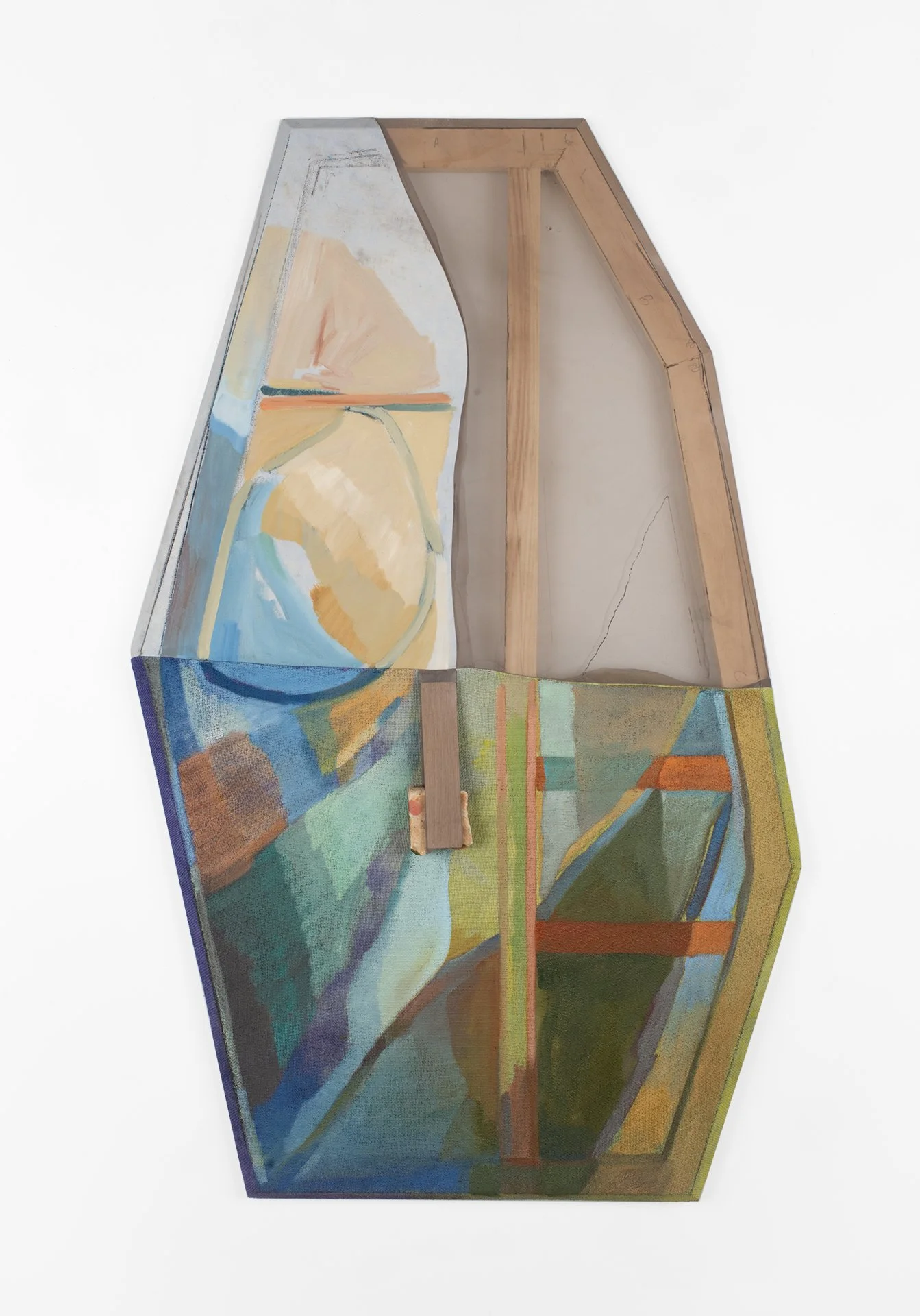   On the Stairs, in the Air , 2025 Oil, graphite, and dye on sewn linen and polyester with marble and beveled pine, 52 x 30.2 x 2 inches 