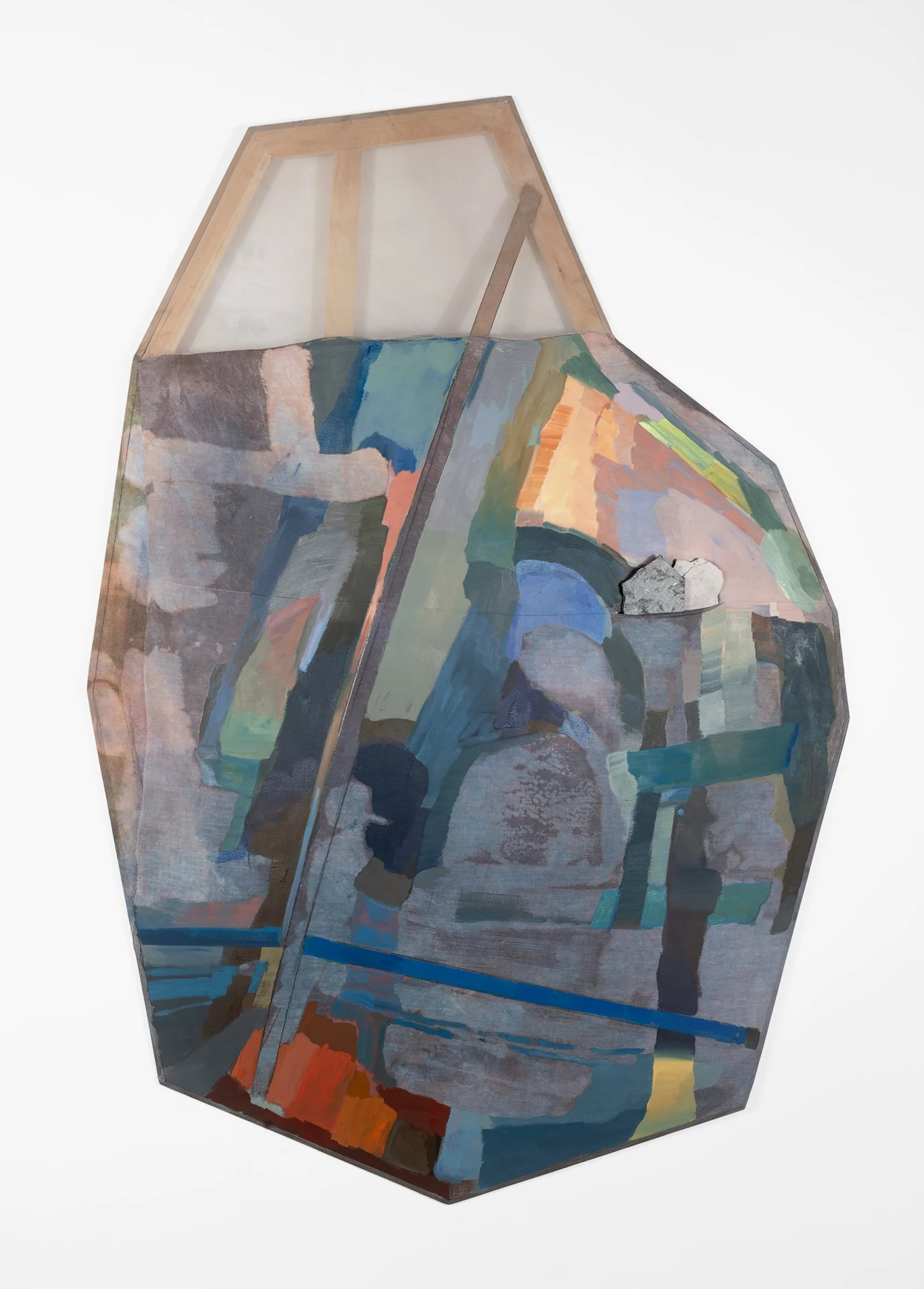   Here, Here , 2026  Oil, graphite, and dye on sewn polyester and linen with marble, bowed oak and beveled pine; 86 x 60 x 4 inches. This painting bows forward in a convex manner. 