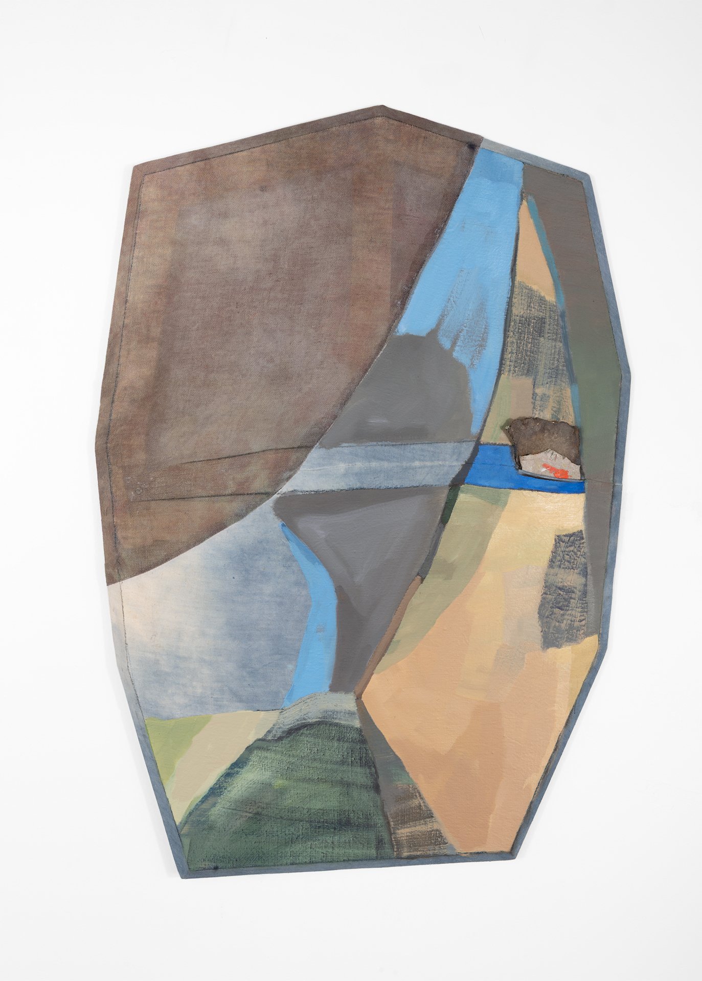   Keeper,  2026  Oil, dye, and graphite on sewn linen with marble and metal remnant, bowed oak, and beveled pine; 33.75 x 23.5 x 2.75 inches. This painting bows forward in a convex manner. 
