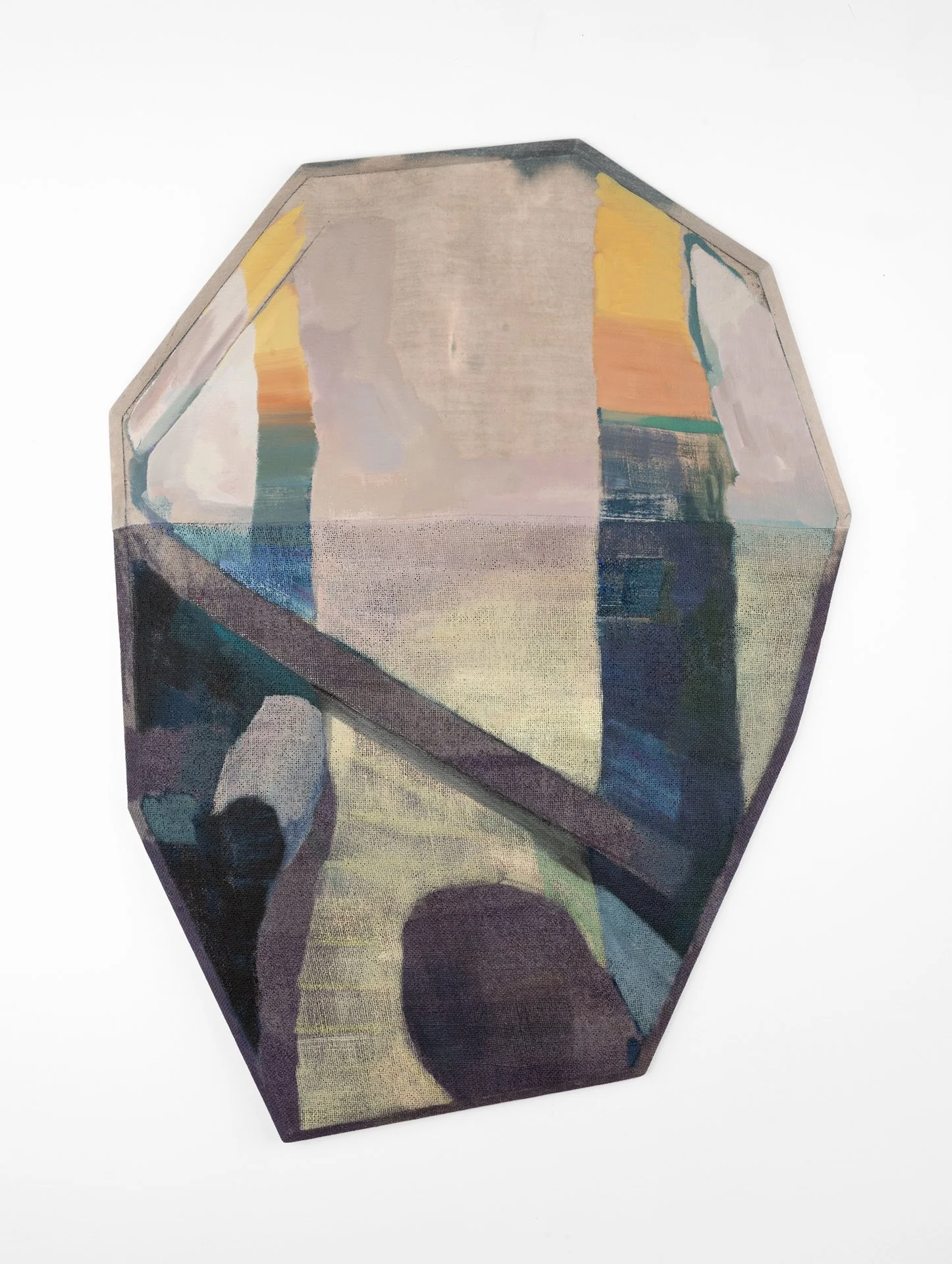   Eclipse,  2026  Oil, dye, and graphite on sewn linen with bowed and beveled pine; 36 x 26 x 2.5 inches. This painting bows forward in a convex manner. 