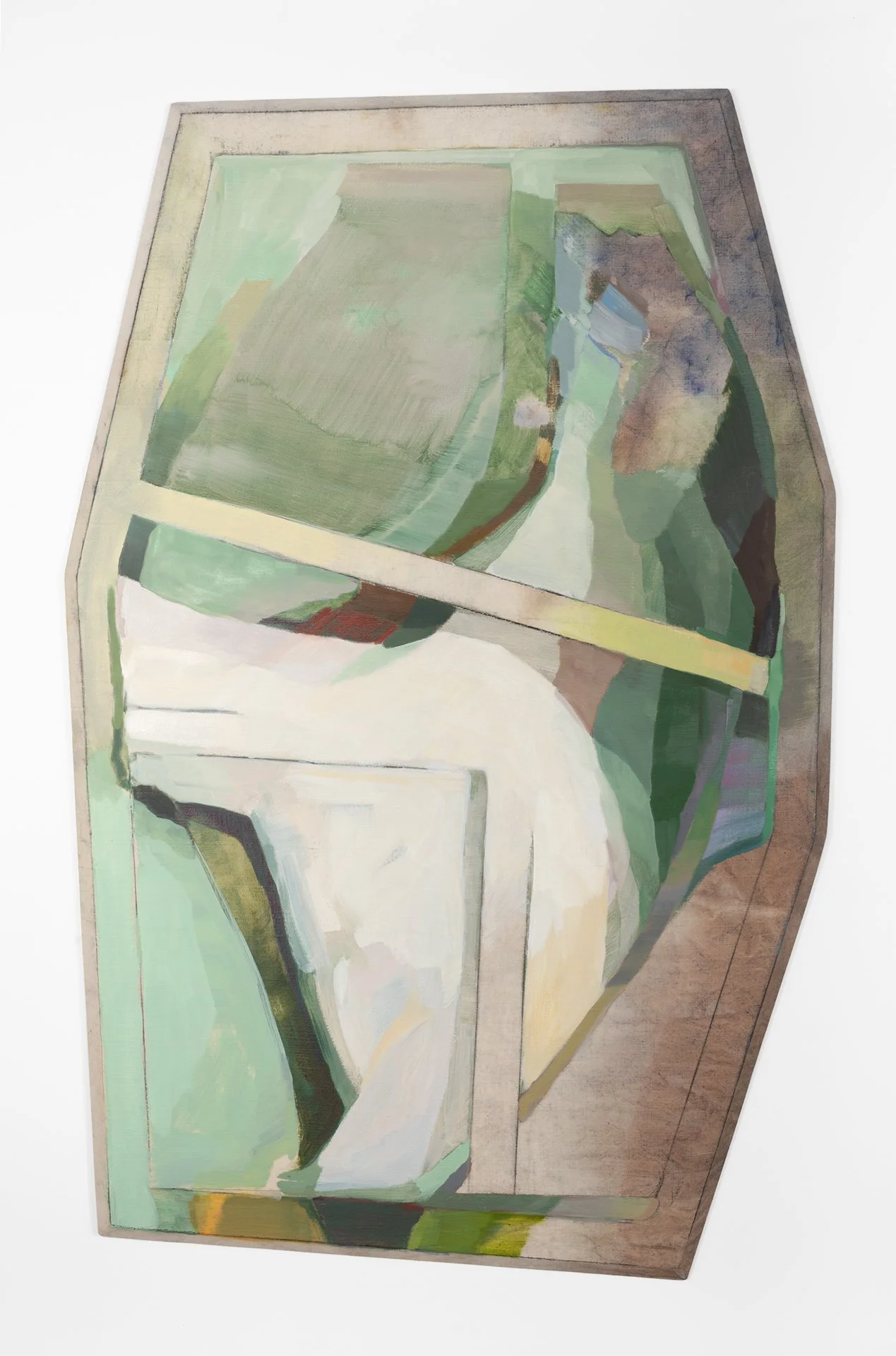   Flown,  2026  Oil, dye, and graphite on linen with bowed oak and beveled pine; 47 x 29 x 3.25 inches. This painting bows forward in a convex manner.  