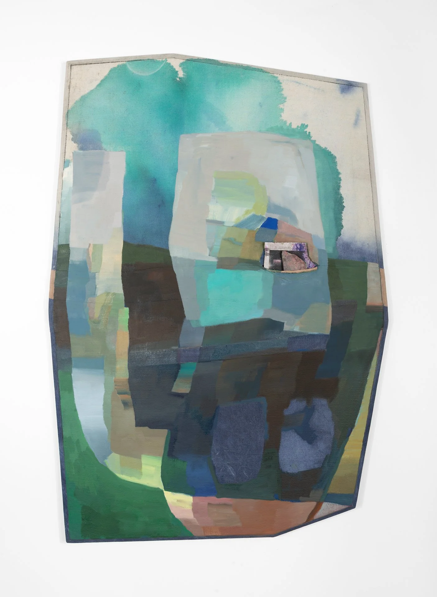   After Addison (II),  2026  Oil, acrylic, and graphite on sewn linen with marble and bowed and beveled pine; 49 x 35 x 3 inches. This painting bows forward in a convex manner.   