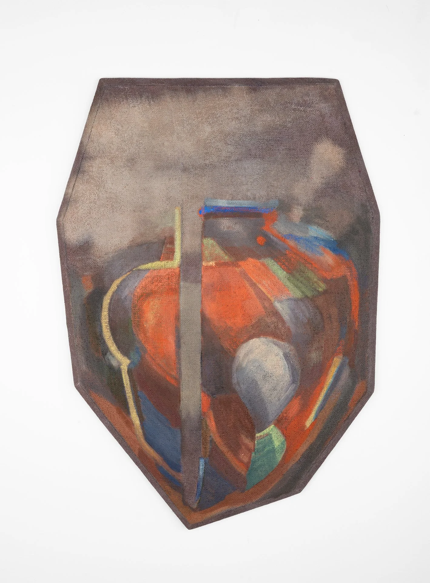   Fogcatcher,  2026  Oil, dye, and graphite on linen with bowed and beveled pine; 33.5 x 23.5 x 3 inches. This painting bows forward in a convex manner. 