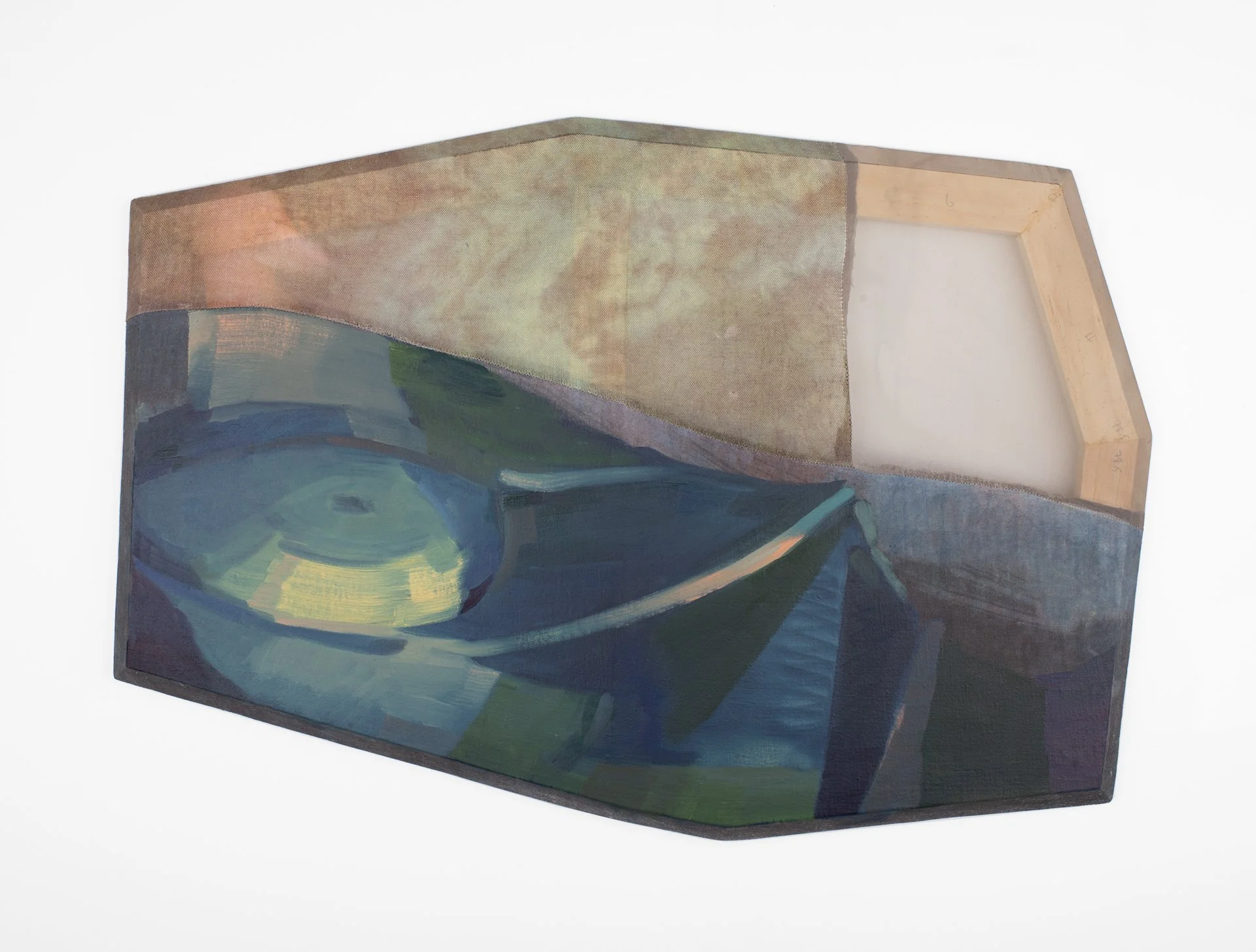    No Small Themes,  2026  Oil, graphite, and dye on sewn linen and polyester with beveled pine; 22 x 32.5 x .75 inches.  