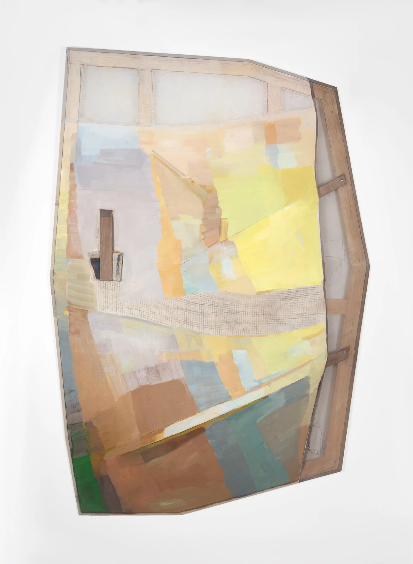   Warm Illusion,  2026  Oil, graphite, and dye on sewn polyester and linen with marble, bowed oak, and beveled pine; 70.5 x 49 x 3.5 inches. This painting bows forward in a convex manner. 