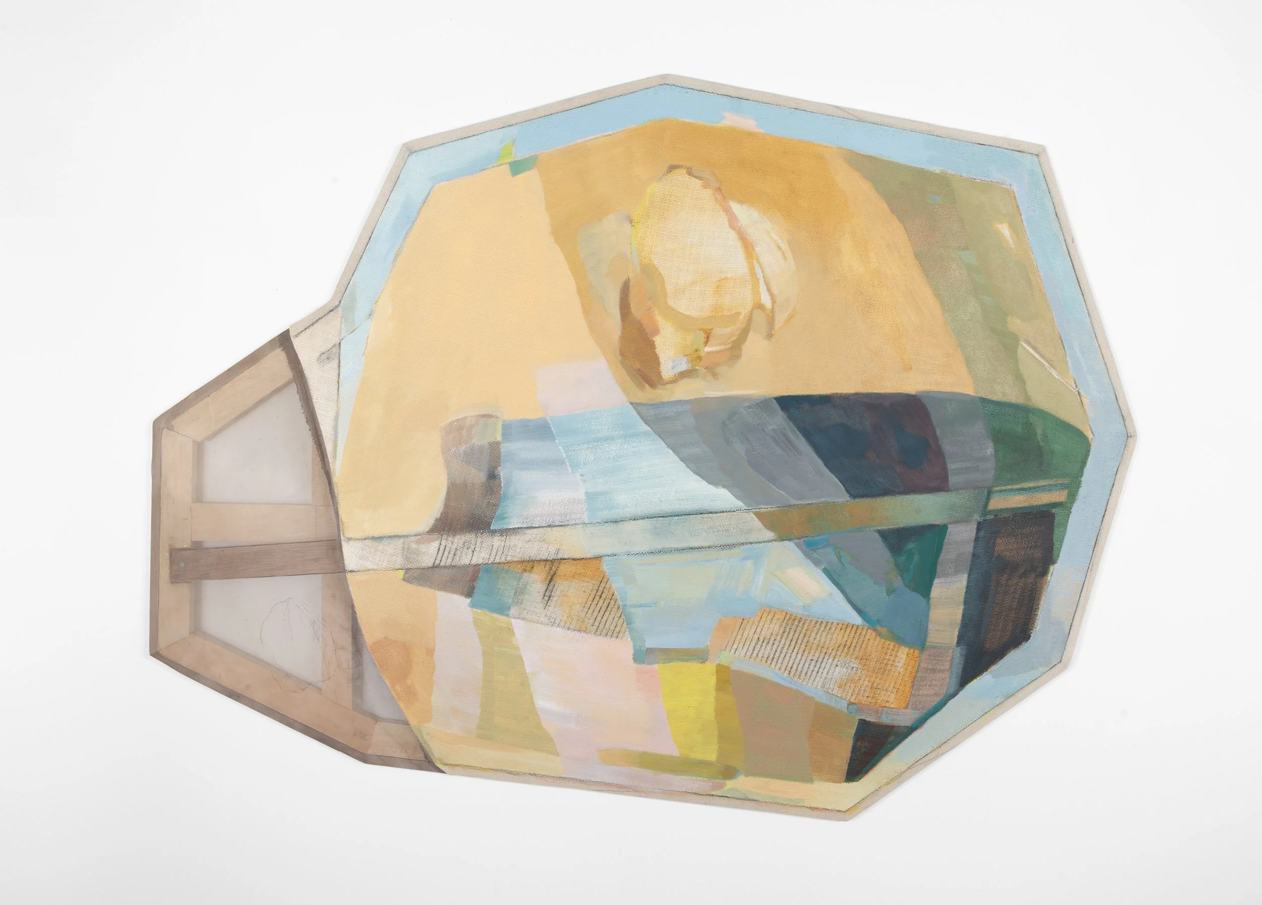   There, There,  2026  Oil, dye, and graphite on sewn linen and polyester with bowed oak and beveled pine; 35 x 48 x 3.5 inches. This painting bows forward in a convex manner. 