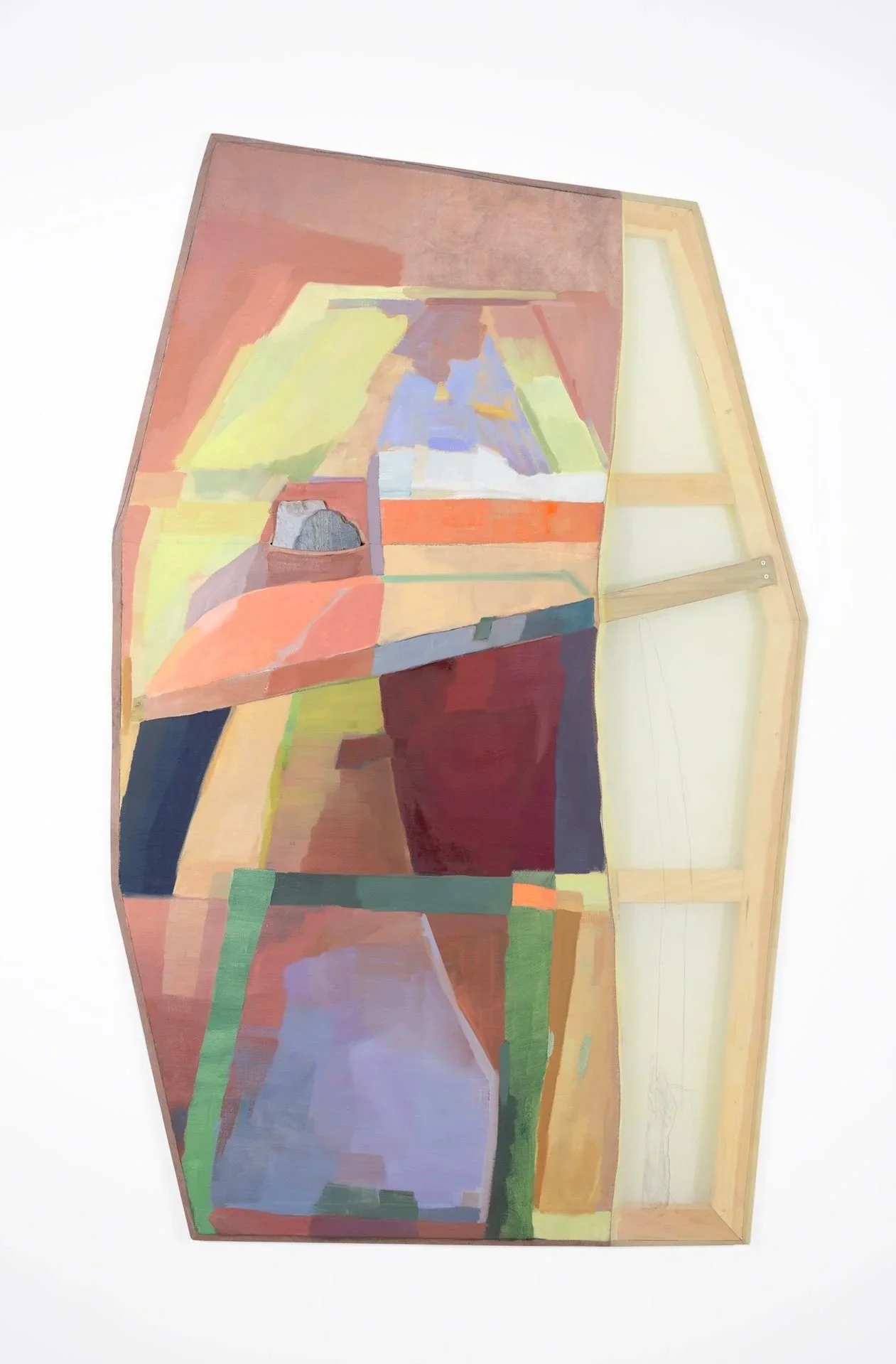   April Shape,  2026  Oil, dye, and graphite on sewn linen and polyester with marble, slate, bowed oak, and beveled pine; 61.5 x 38 x 3 inches. This painting bows forward in a convex manner.  
