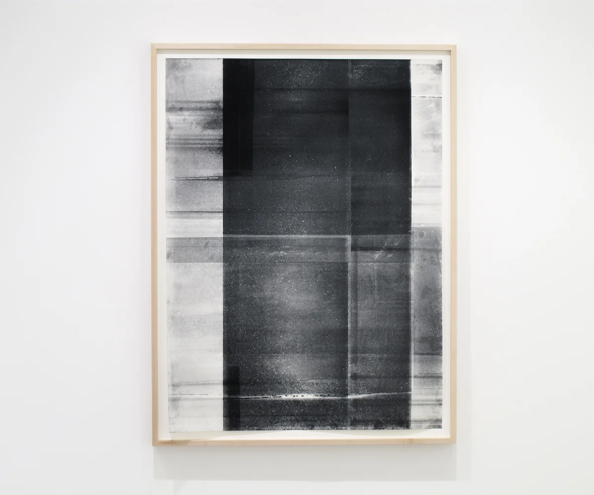   Untitled (black and white, from the series reflected/repeated - light becomes form, the horizon rests into view).  2015.&nbsp; Oil based ink painted on frosted mylar. 38 x 50 inches unframed 