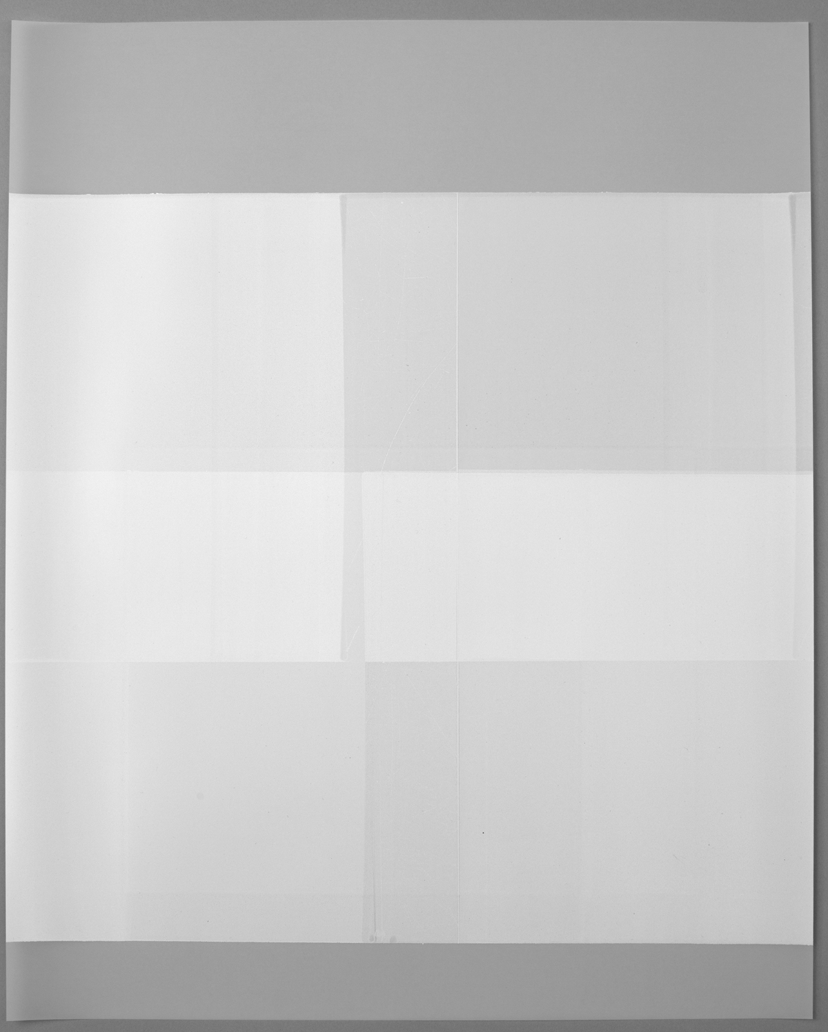   Untitled (white, from the series reflected/repeated - light becomes form, the horizon rests into view)  2015. &nbsp;Oil based ink painted on frosted mylar.&nbsp; Photographed here unframed against a grey background. 20 x 25 inches  