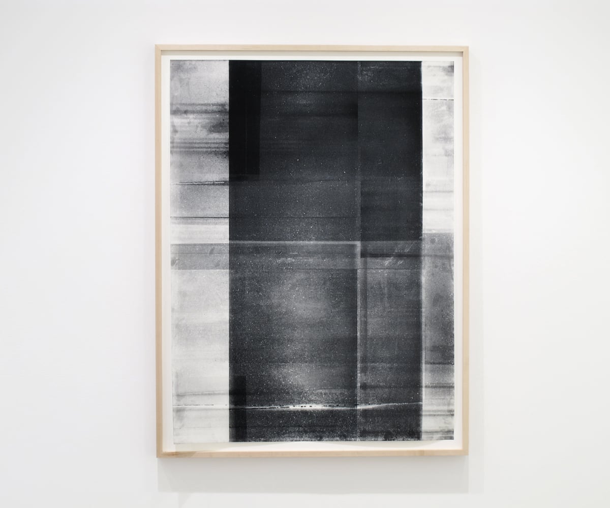   Untitled (black and white, from the series reflected/repeated - light becomes form, the horizon rests into view).  2015. &nbsp;Oil based ink painted on frosted mylar. 38 x 50 inches unframed 