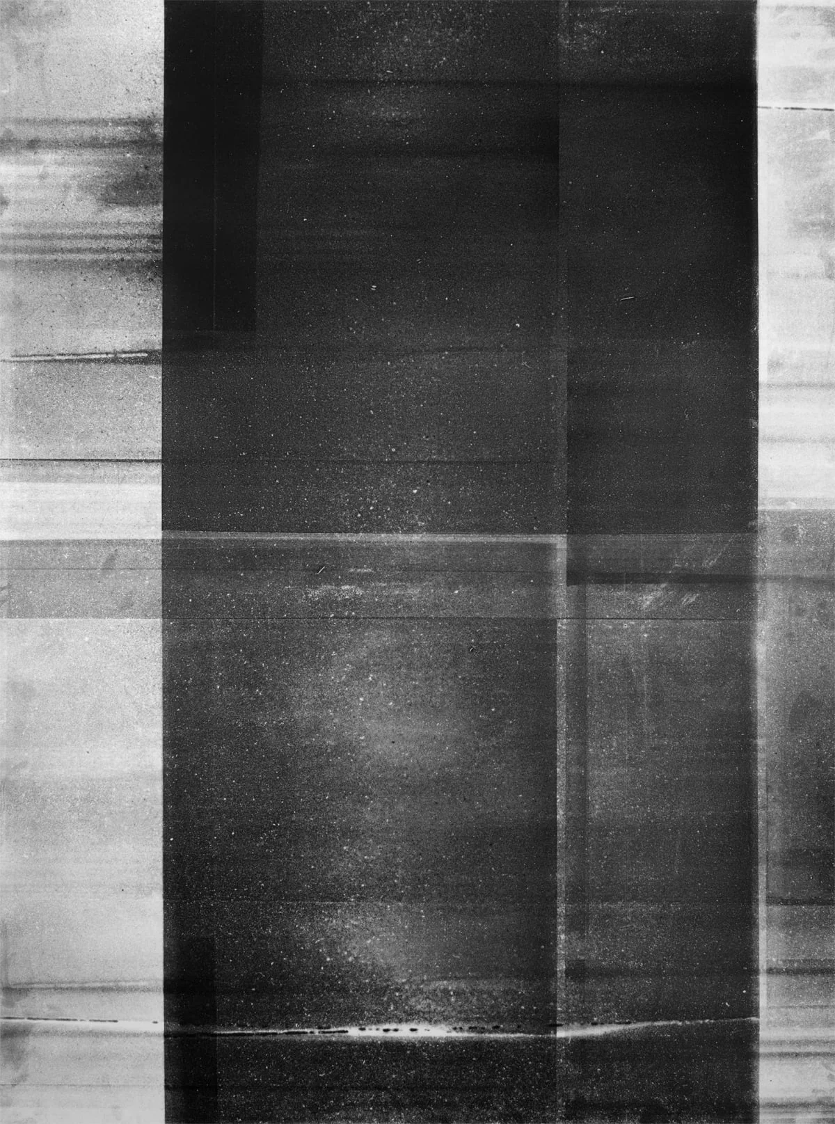   Untitled (black and white, from the series reflected/repeated - light becomes form, the horizon rests into view).  2015.&nbsp; Oil based ink painted on frosted mylar. 38 x 50 inches unframed 