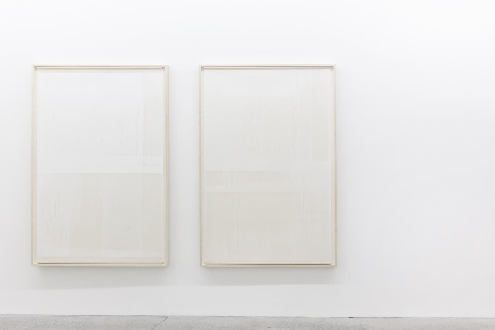   Untitled (from the series An Accurate Silence)  Oil based paint on frosted Mylar suspended in front of painted matte board, 2016 63 x 42 inches each 