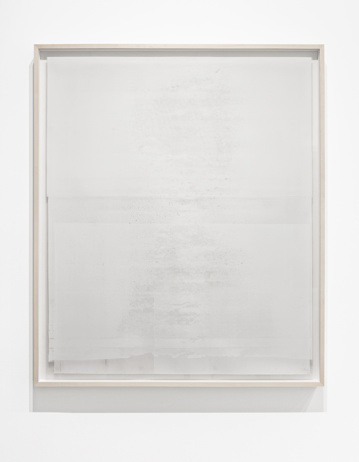   Untitled  ( white (square)  from the series  Impermanent Horizon ), 2016, 2 layers, oil based paint (white) on clouded mylar hinged on plexi set in front of acrylic (light grey) on mylar, 46 x 39 inches&nbsp; 