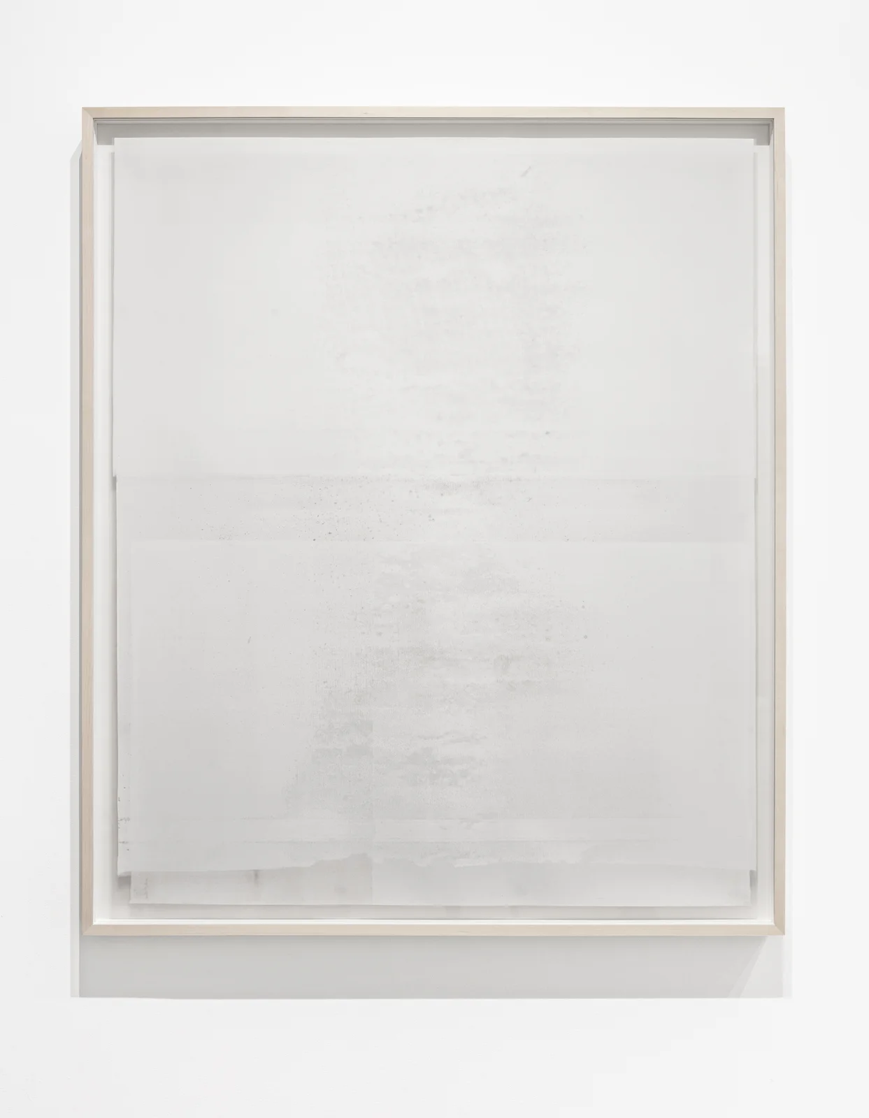   Untitled  ( white (square)  from the series  Impermanent Horizon ), 2016, 2 layers, oil based paint (white) on clouded mylar hinged on plexi set in front of acrylic (light grey) on mylar, 46 x 39 inches&nbsp; 