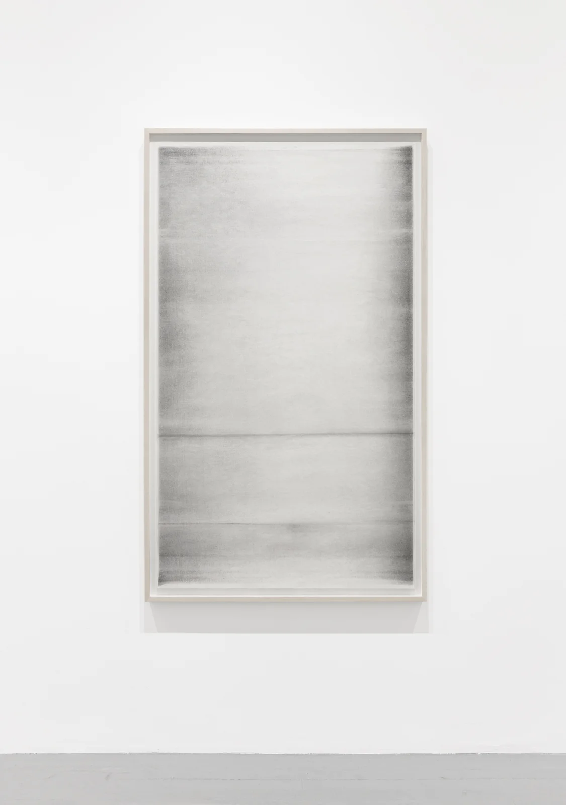   Untitled (when it settles) , 2017, 2 layers, oil based paint, graphite and charcoal on tarlatan (starched cotton) layered, 59 x 35 inches (framed) 