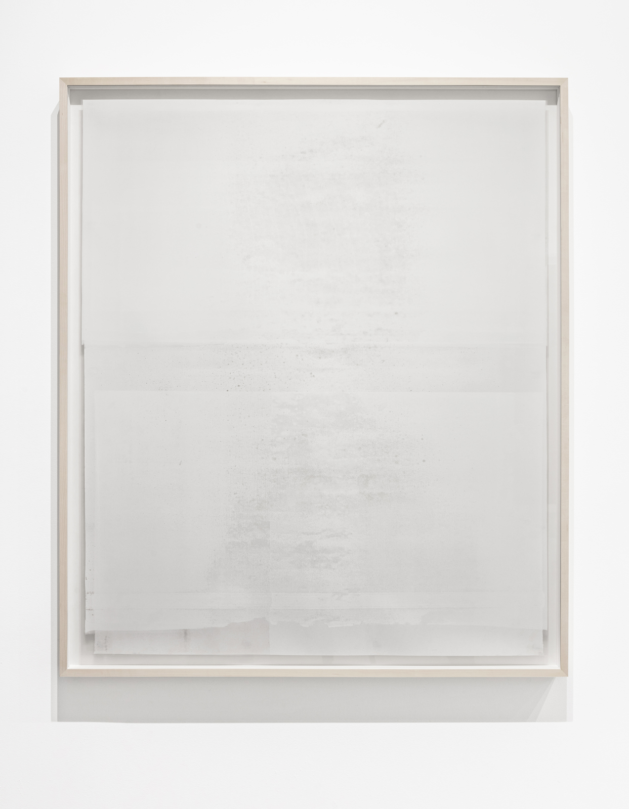    Untitled  ( white (square) &nbsp;from the series  Impermanent Horizon ), 2016, 2 layers, oil based paint (white) on clouded mylar hinged on plexi set in front of acrylic (light grey) on mylar, 46 x 39 inches   