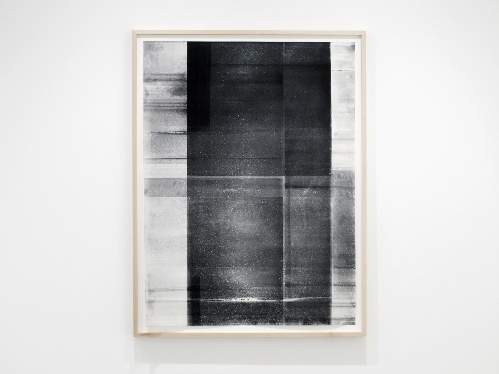    Untitled (black and white, from the series reflected/repeated - light becomes form, the horizon rests into view).  2015. &nbsp;Oil based ink painted on frosted mylar. 38 x 50 inches unframed  