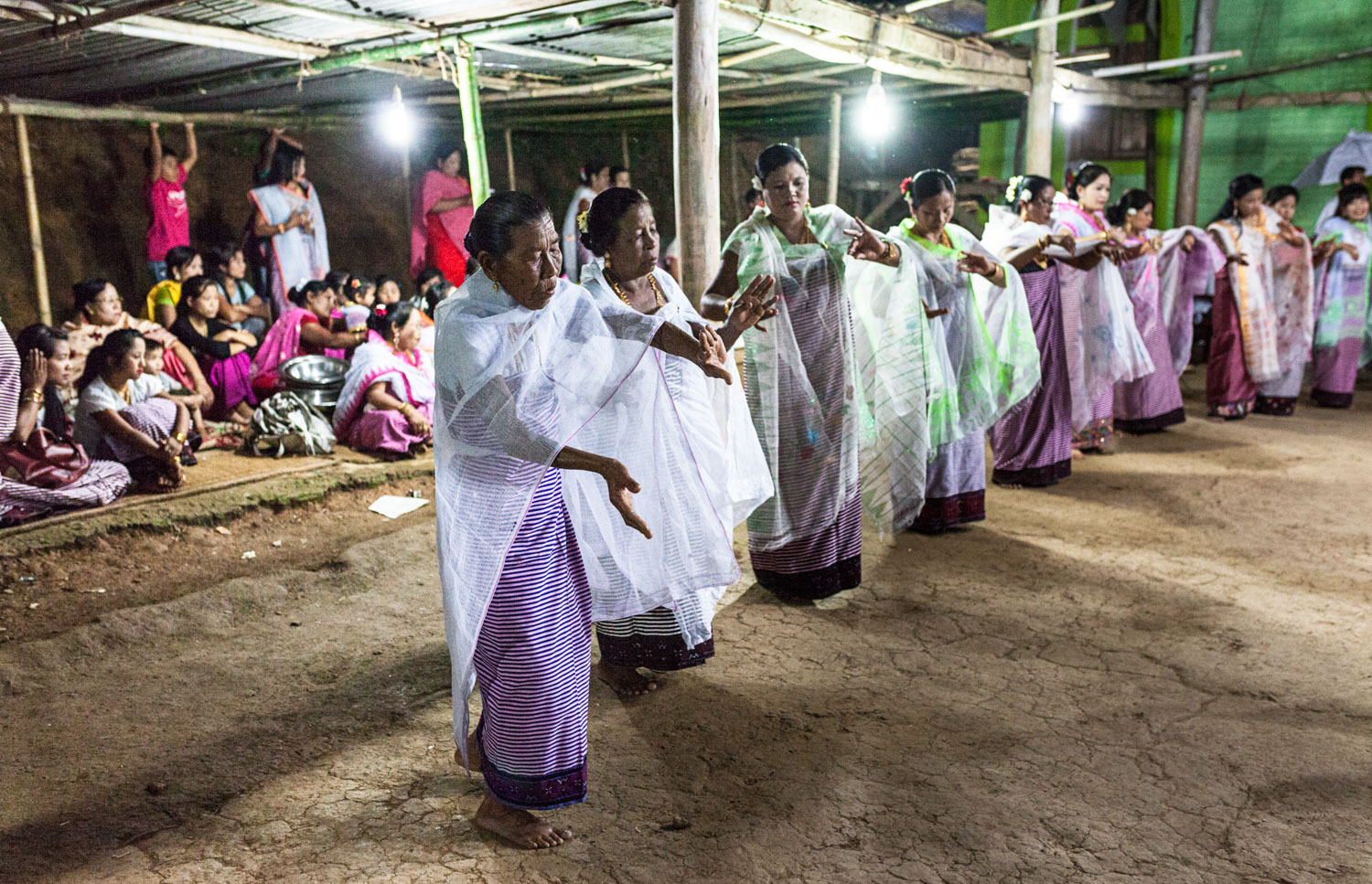 At the Lai Haraoba festival nearby, I witnessed this beautiful Manipuri dance. Accompanied by music and singing, 20 women in the floodlit grounds of a temple moved anti-clockwise for hours.
