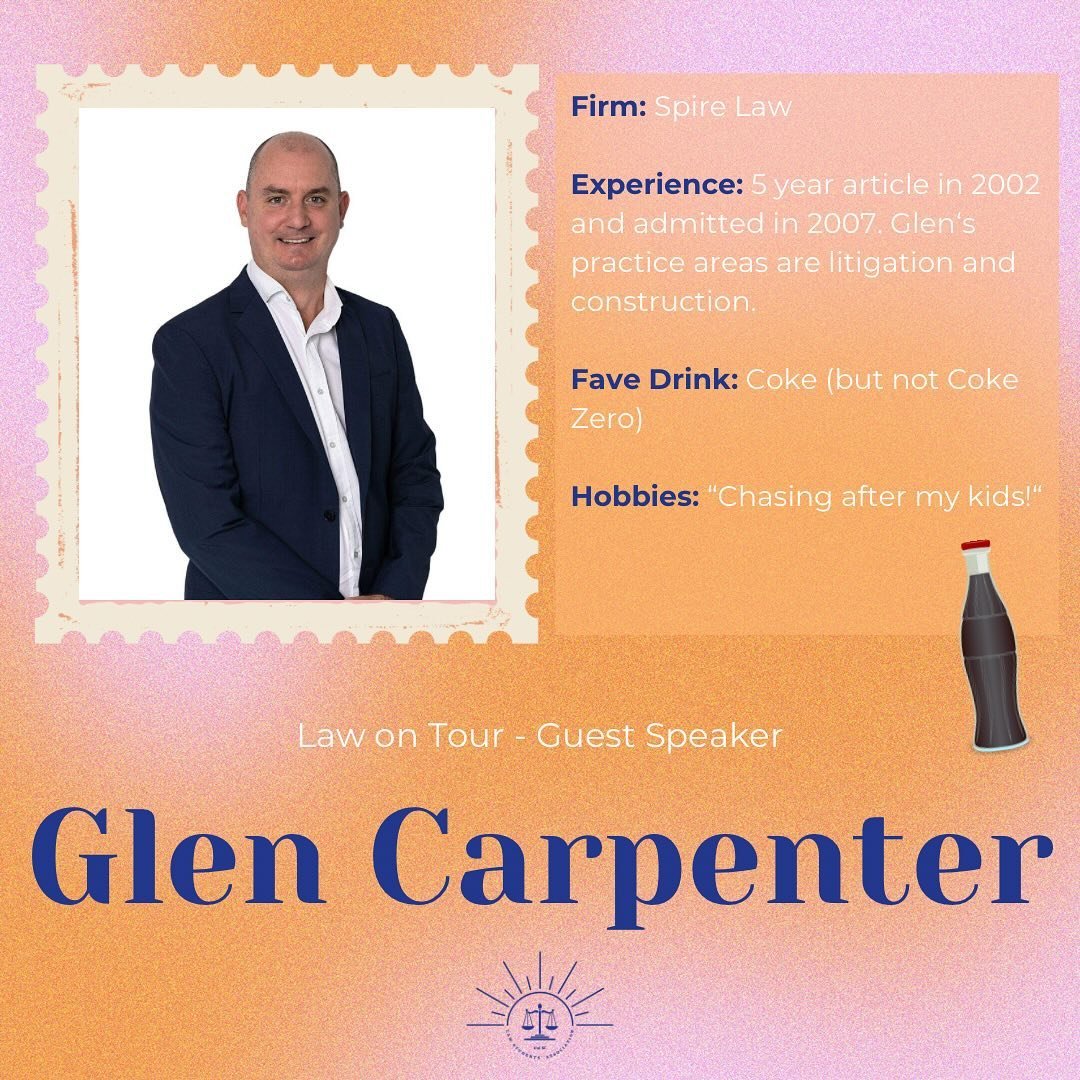 If you are interested in litigation or construction then you should come to this year&rsquo;s Law on Tour and speak to our next speaker. ⚖️

Introducing: Glen Carpenter !!!

Get your tickets for Law on Tour by following the link in our bio