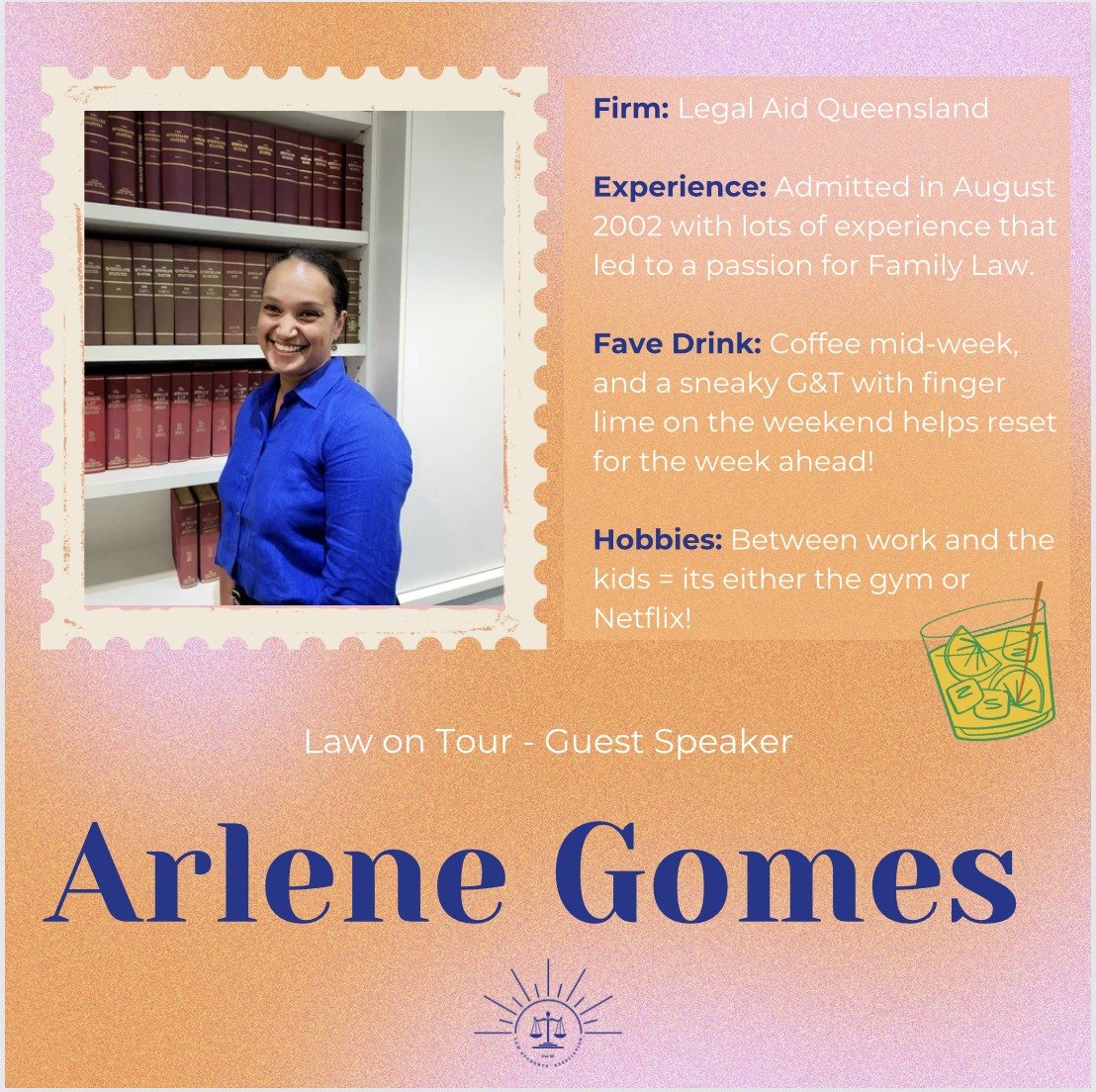 Do you know what area of law you&rsquo;re interested in? ⚖️

If not, grab your tickets to the Law on Tour event to chat to our fifth speaker, Arlene Gomes from Legal Aid Queensland. She has experience in many different areas of law and in doing so ha