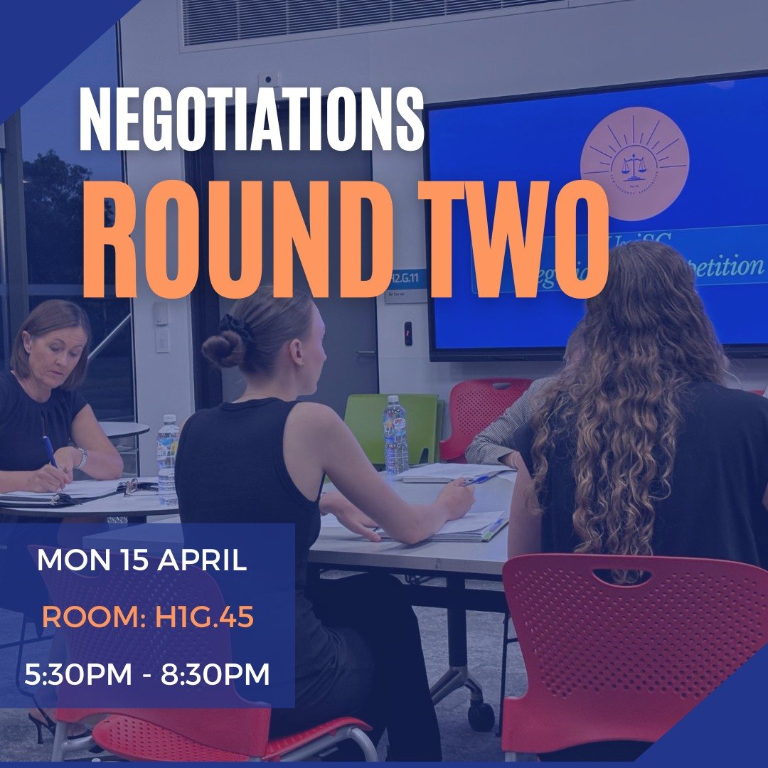 Negotiations Round 2 tonight!!!!

Join us and our competitors tonight to watch and support the next round of negotiations.

Room: Sippy Downs Campus H1G.45
Time: 5:30pm - 8:30pm