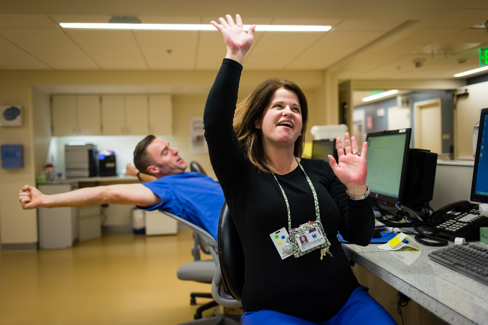  Parker celebrates when she checks the clock and sees her shift ends in 15 minutes. Her typical week includes three 12-hour shifts from 3 p.m. to 3 a.m. She says adrenaline makes transitioning out of shifts difficult. (She relaxes during her drive ho