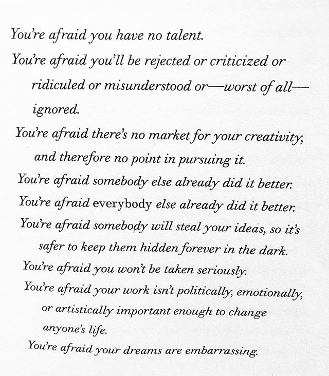 Oh @elizabeth_gilbert_writer you just seem to get it and ink it so well! Great read for anyone stalled in fear or the mundane routine! Ever had a fear like this? #bigmagic #bebrave #notfearless #creativelifehappylife #perspective #mentalwellness #ent