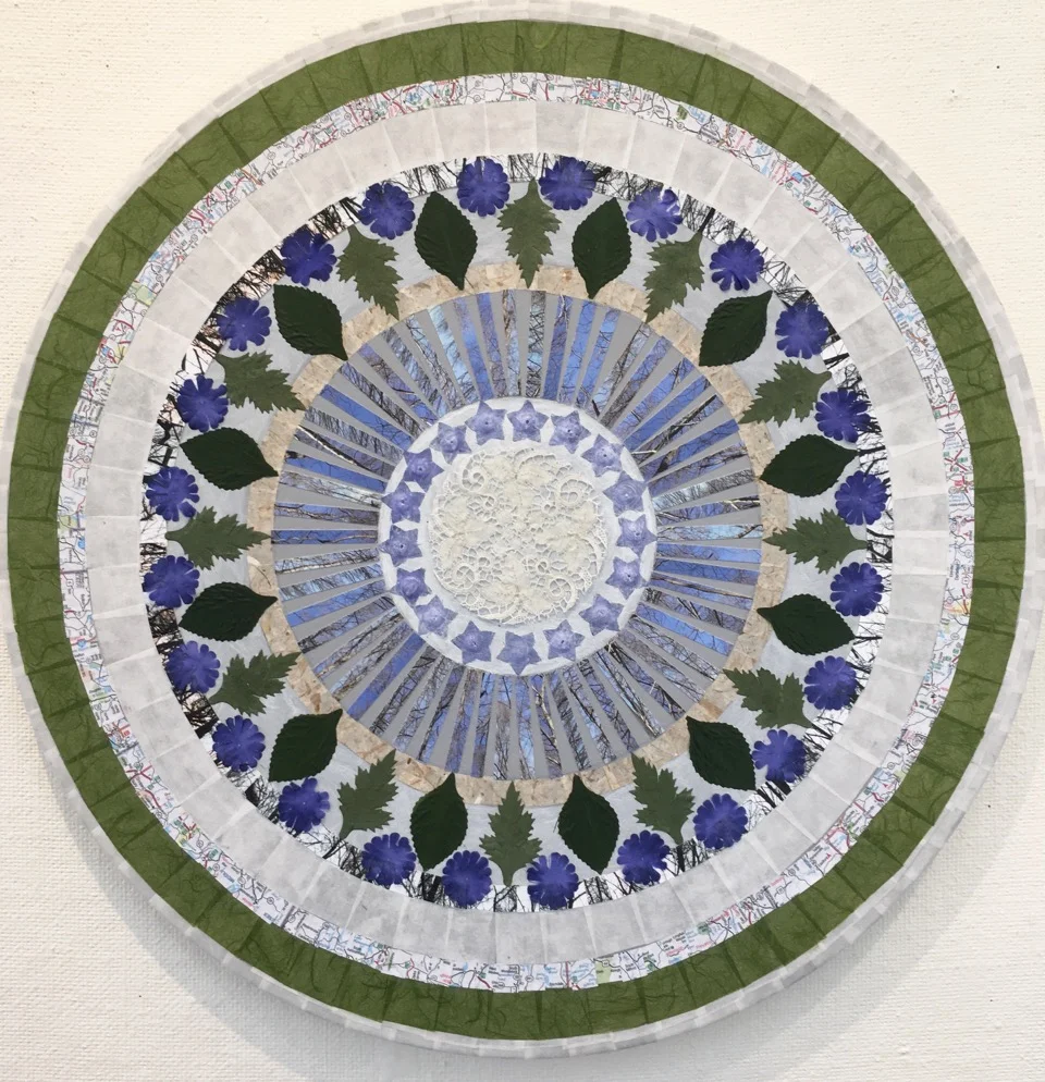 Earlyspring Weir 20" diameter silk flowers, papers, maps, original photos, acrylic on canvas