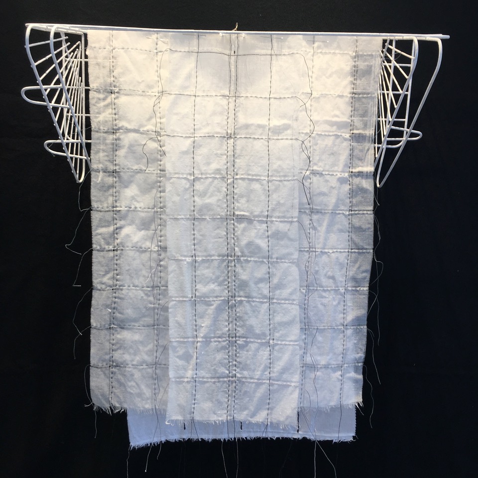 Sanctuary. (GRID) _36x26 (variable) Stitching on free hanging vintage fabric, found object,pins .jpeg