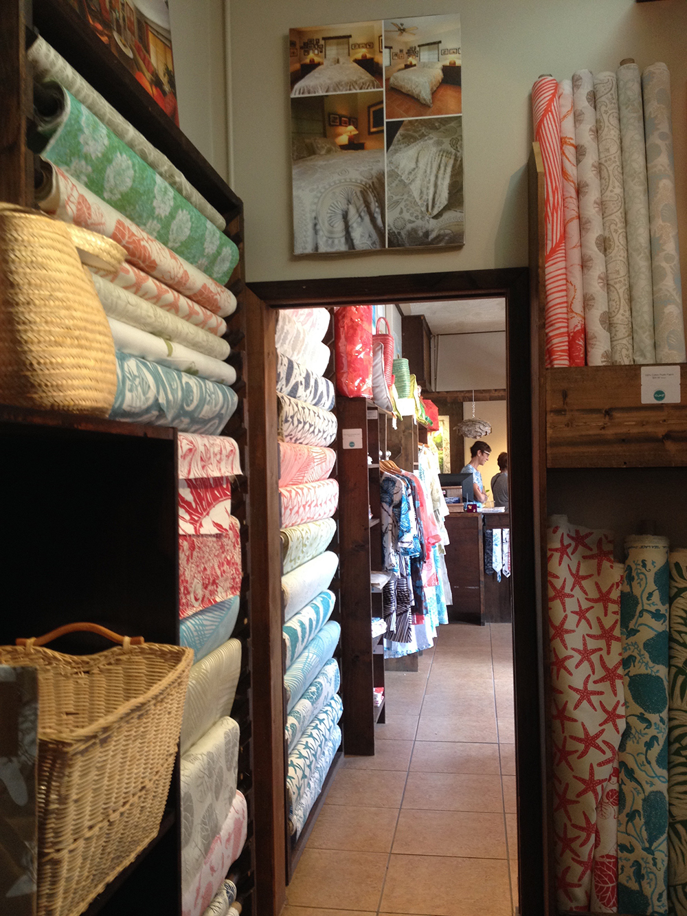 more fabric and Joie at the counter of the retail area