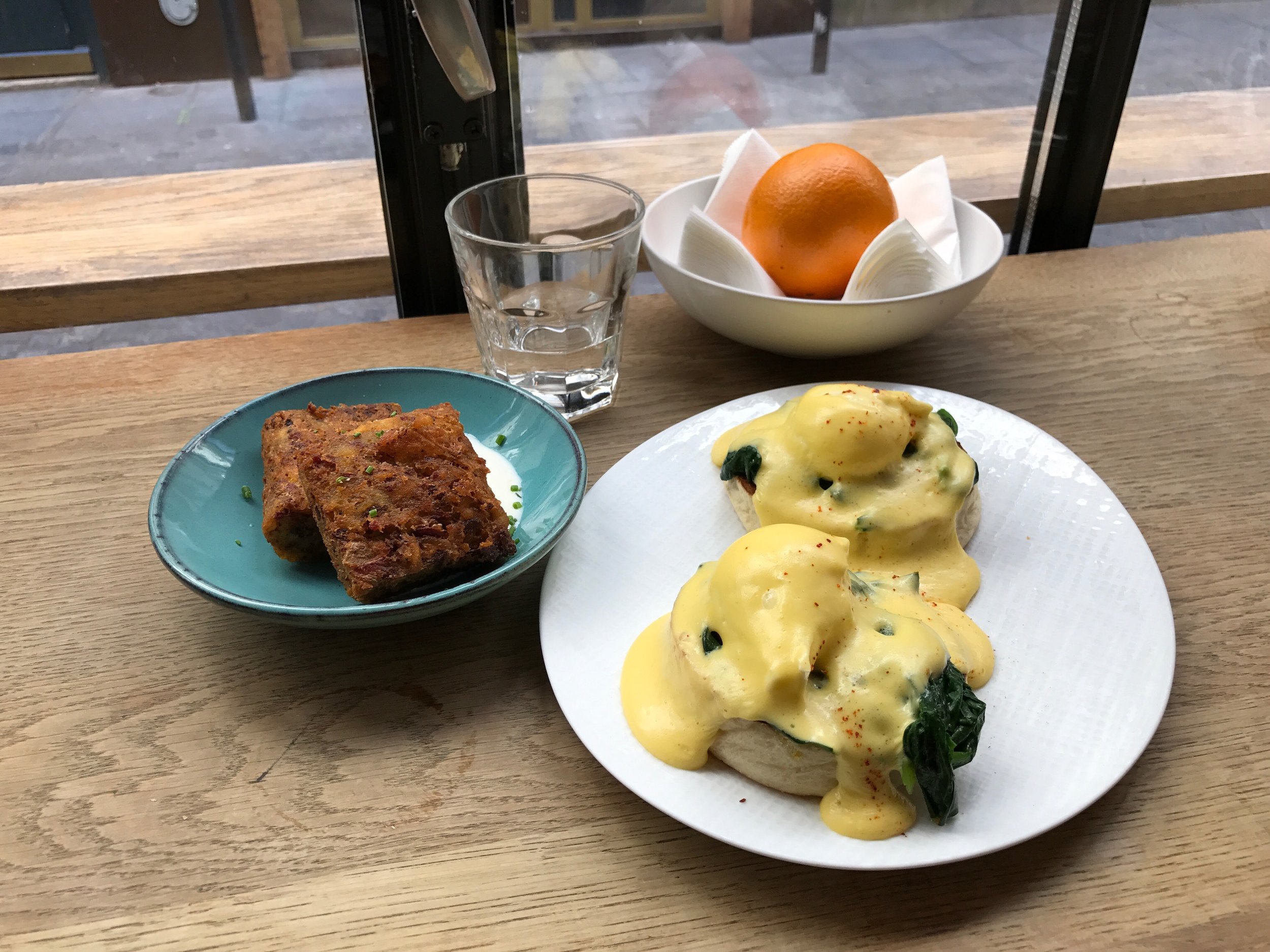 Frenchie To Go - our new tradition when we arrive is to come here for jetlag breakfast! Eggs Florentine with pastrami hashbrowns