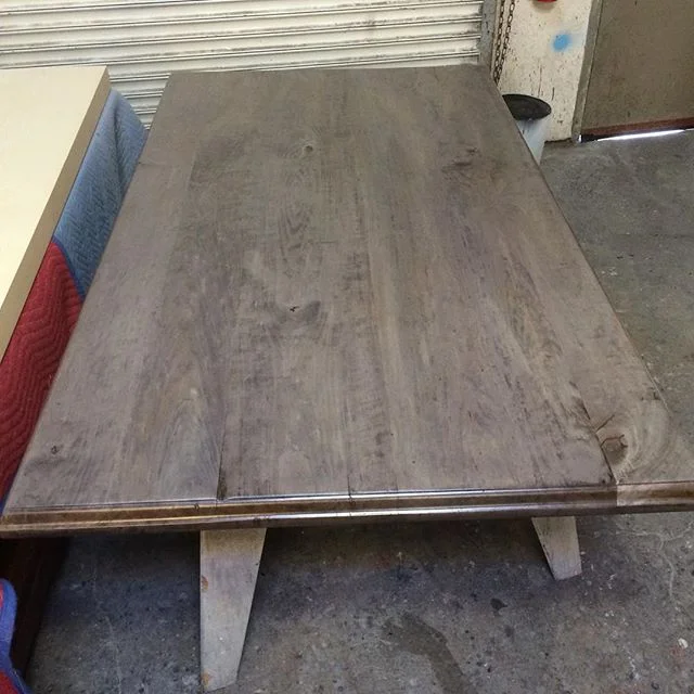 Steve says: " My own new dining table. Been leaning against the wall for 15 years. Was a traditional distressed cherry finish that I stripped and bleached. Amazed to achieve such a clear and pure gray."