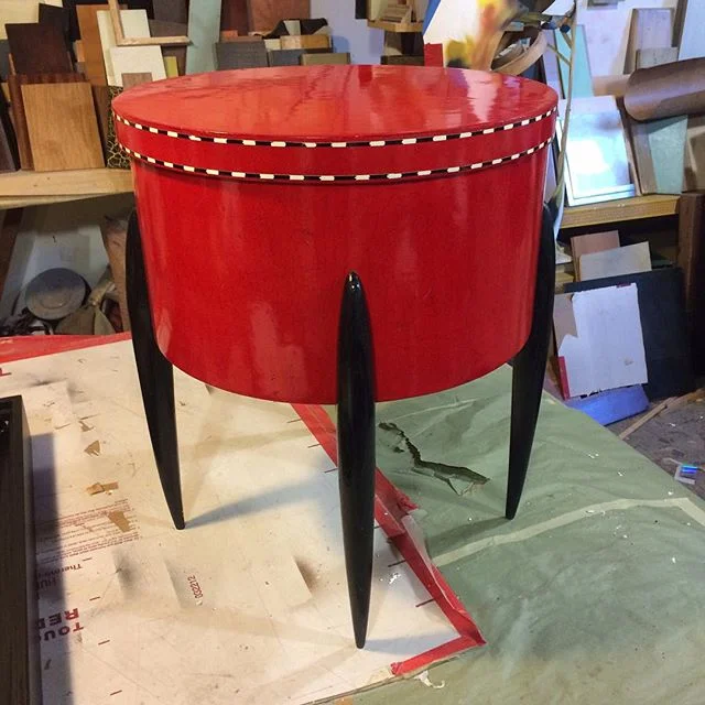 Cracked linen finish on another hatbox table. 