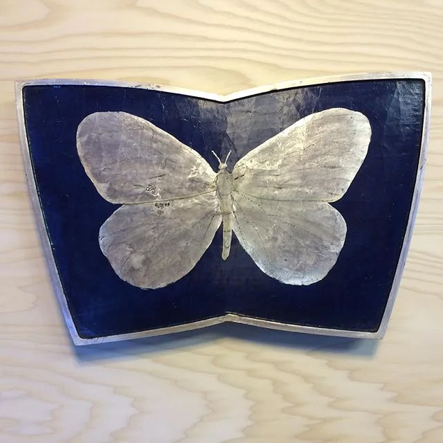 Silver-leafed butterfly tray, designed by Steve.