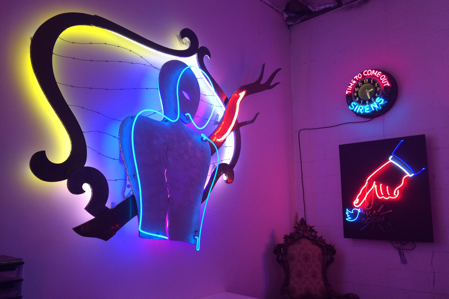 Lakich’s studio is filled with original neon art in every corner.