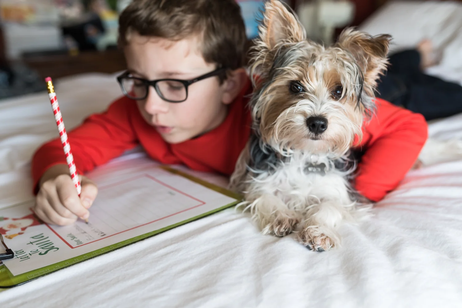 Boy and Puppy writng their Santa List on Bed