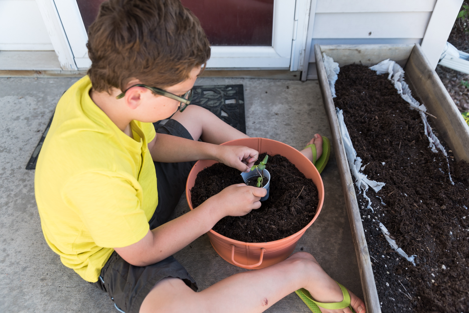A boy placing sunflower seeds in potting soil in Fargo.