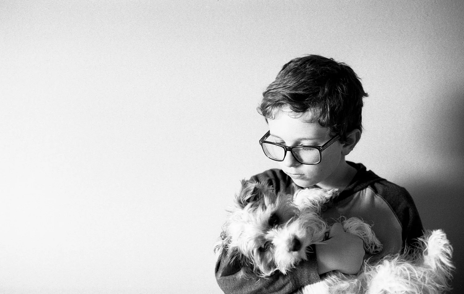 Boy holding his yorkie puppy.