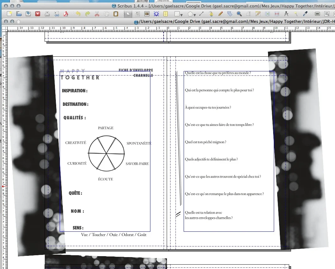 Un aperçu de la feuille de personnage sur le logiciel Scribus.
