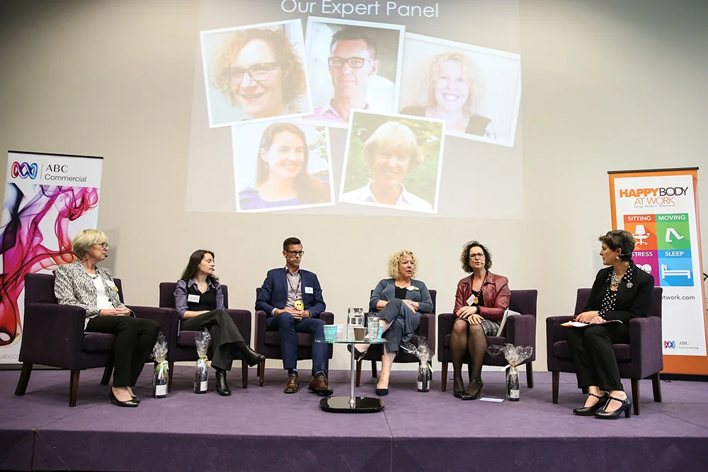 Our expert panel L-R: Wendy Carver (Lifeline) Sharon Leadbetter (WHPN), Troy Morgan (Vision Health), Megan Kingham (Optus), Julia Cohen (Sydney Uni), Anna-Louise Bouvier (HBAW)