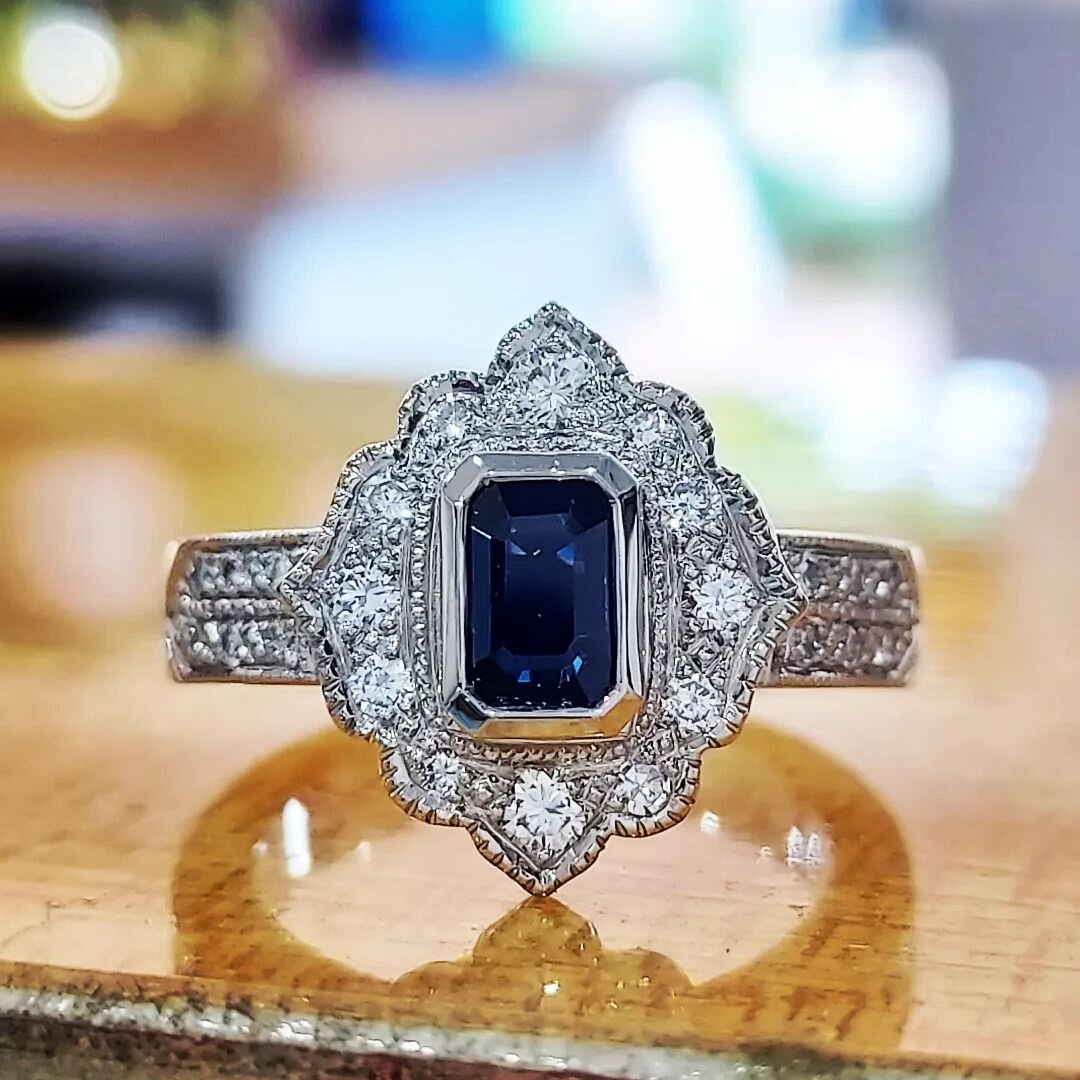 Here is the finished product from that fancy halo from a few weeks ago, now happily home with its new owner. We took the clients gemstones out of 5 rings and made them into one stunner! I really enjoyed creating the fancy back plate in the final shot