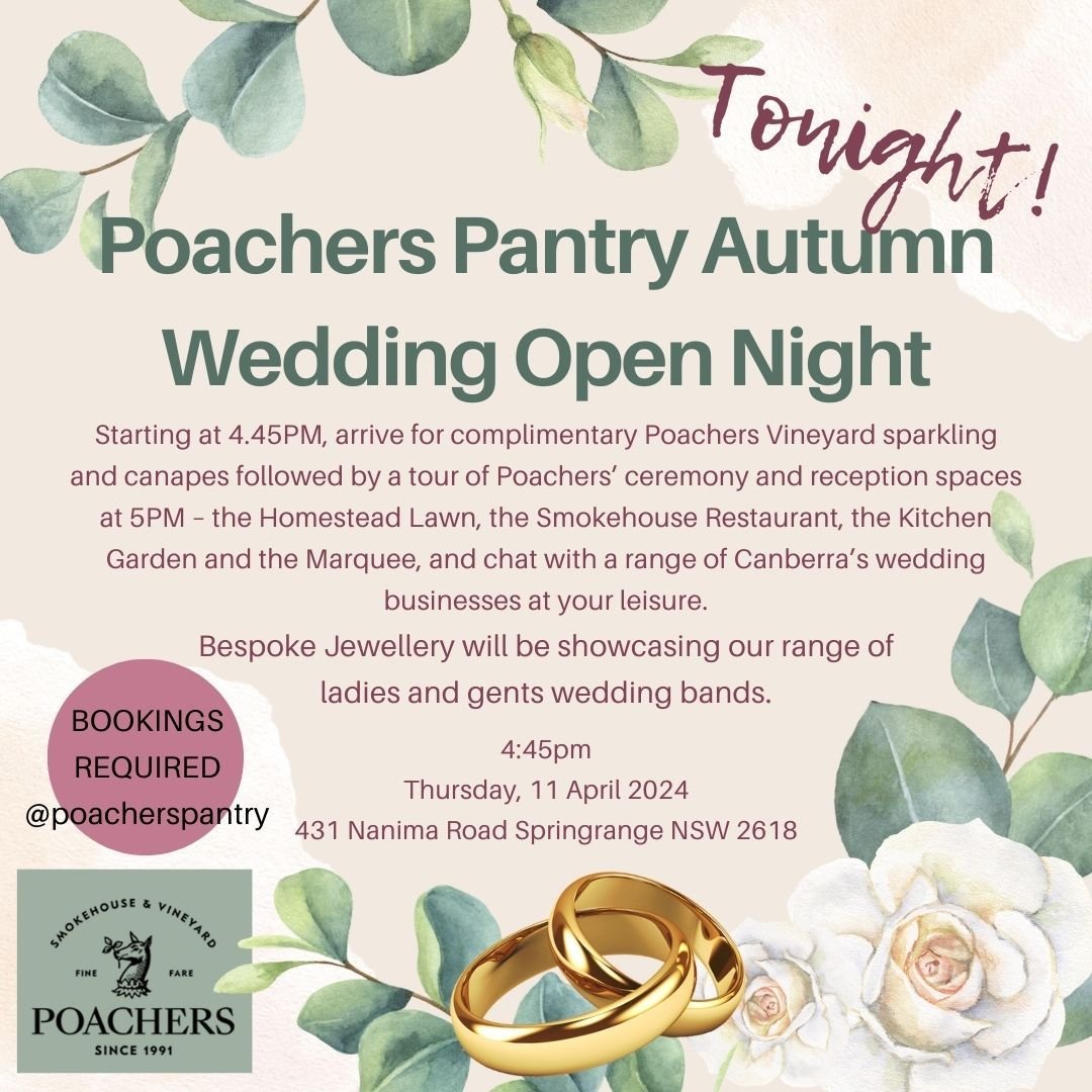 I'll be showcasing our beautiful wedding ring options tonight at the Poachers Pantry Autumn Wedding Open Night. Bookings are required through Poachers website.
@poacherspantry